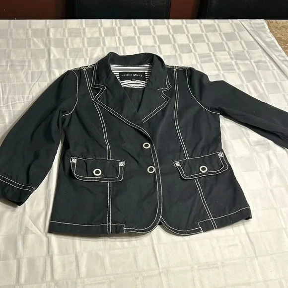 COTTON GINNY Y2K cropped cotton black blazer,fitted , round snaps ,white trim - Picture 8 of 15